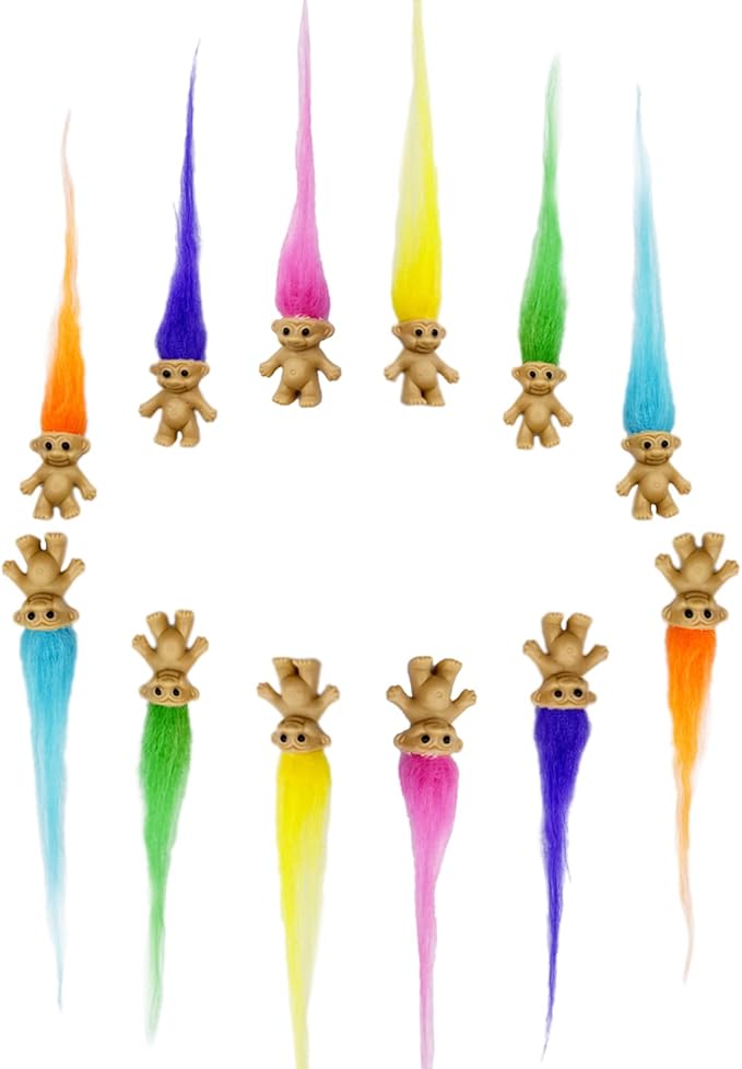 12pcs Long-haired Mini Troll Dolls, Assorted Hair Colors, 0.78" Bodies, 2" Hair. Cake Toppers, Action Figures, School Project, Arts and Crafts, Party Favors