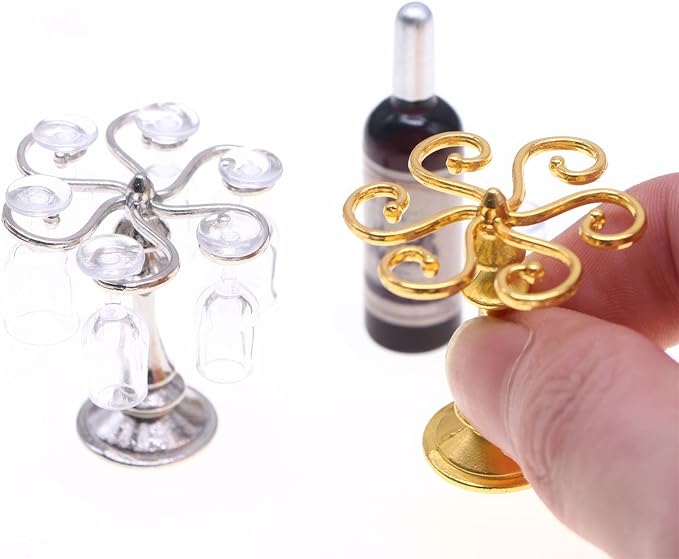 1:12 Scale Miniature Wine Glass Set with Metal Rack (Gold/Silver), 6 Clear Goblets, Elegant Dollhouse Dining Room & Bar Accessory for Collectors (Silver)