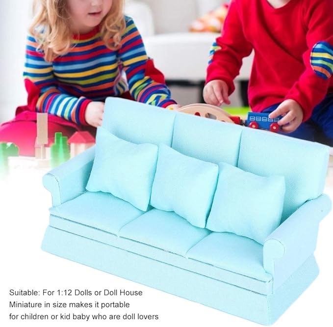 Dollhouse Furniture 1 ：12 Scale Couch Doll House Mini Sofa with 3Pcs Pillow Living Room Furniture Wooden Doll House Decoration Accessories (Lake Blue)