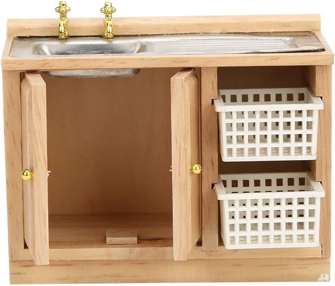 Dollhouse Miniature Furniture, 1:12 Scale Wooden Kitchen Dish Washing Table with Baskets for Doll House Accessories Decoration