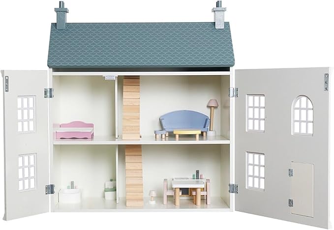Doll House, 3-Story Wooden Cottage Dollhouse Playset w/Double-Sided Roofs, Accessories & Furniture, Pretend Play Toddler Big Doll House, Gift for Kids Aged 3+ (White)