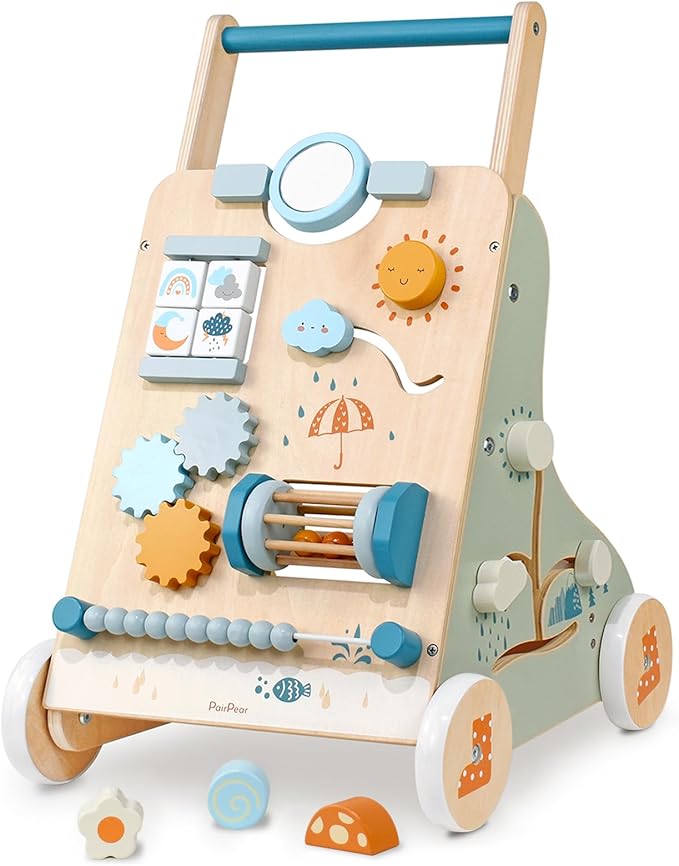 PairPear Wooden Baby Walker, Baby Push Walker, Montessori Walker Toy with Activity Center for Girls Boys, Adjustable Speed Baby Walker for Kids Development