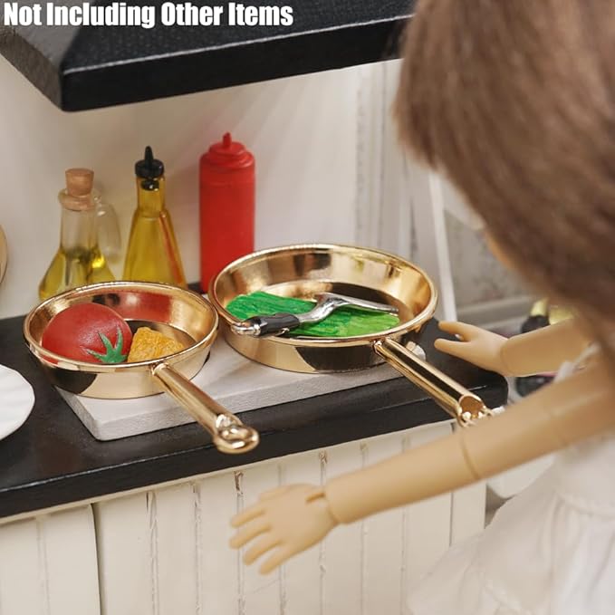 Odoria Dollhouse Frying Pan Miniature: 1/12 Scale Skillet Cookware for Kitchen Restaurant - Mini Kitchenware Cooking Utensils Metal Golden 3Pcs