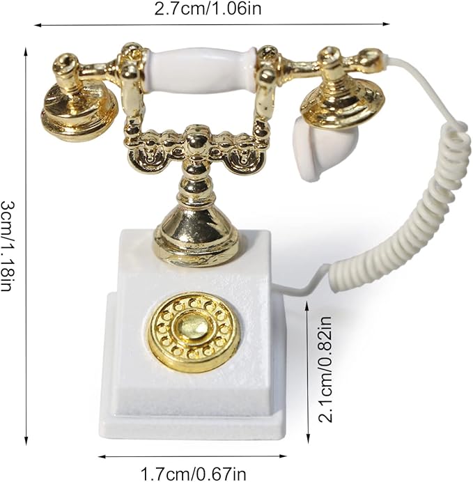 Dollhouse Telephone 1:12 Miniature Vintage Rotary Phone Model Desk Decoration Retro Mini Accessorries for Artificial House Living Room Scene (White)