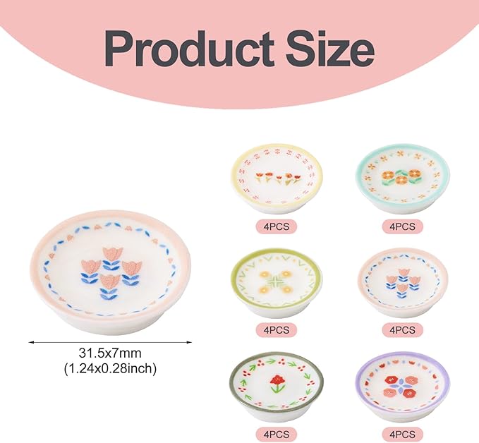 24Pcs Miniature Flower Plate Dollhouse Accessories Resin Mini Tableware Imitation Ceramic Bowl Tiny Dishes Ornaments Micro Landscape Decorations Garden Home Party Decorations Crafts Supplies