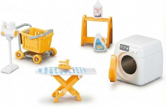 Family Dollhouse Laundry Set — Washing Machine, Ironing Board & Iron, Vacuum, Storage Stand & Rolling Cart — Dollhouse Furniture & Accessories for Ages 3+