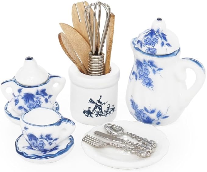 Odoria 1/12 Miniature Porcelain Tea Set Plates and Silverware Kitchen Utensils Dollhouse Accessories, Grapes