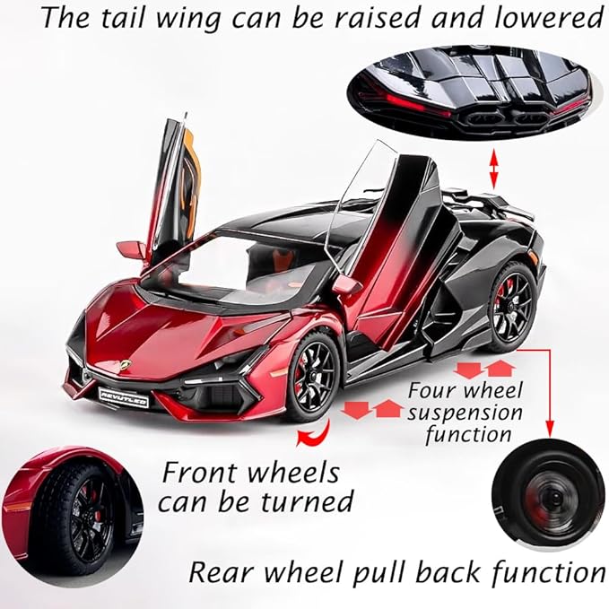 Alloy Collectible 1/24 Lambo Revuelto Toy Pull Back Vehicles Diecast Cars Model with Light & Sound (Red/Black)