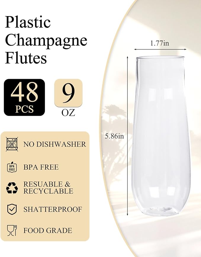 Ciaell 48 Pack Plastic Champagne Flutes - 9 Oz Disposable Champagne Glasses - Stemless Mimosa Glass for Parties & Weddings & Birthdays