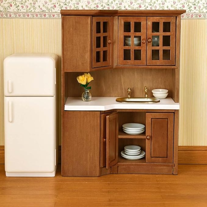 Dollhouse Kitchen Cabinets - 1/12 Scale Miniature Wooden Storage Pantry with Sink, Mini Modern for Corner Cooking Furniture Kitchen Accessories for Doll House Restaurant Decoration, Brown