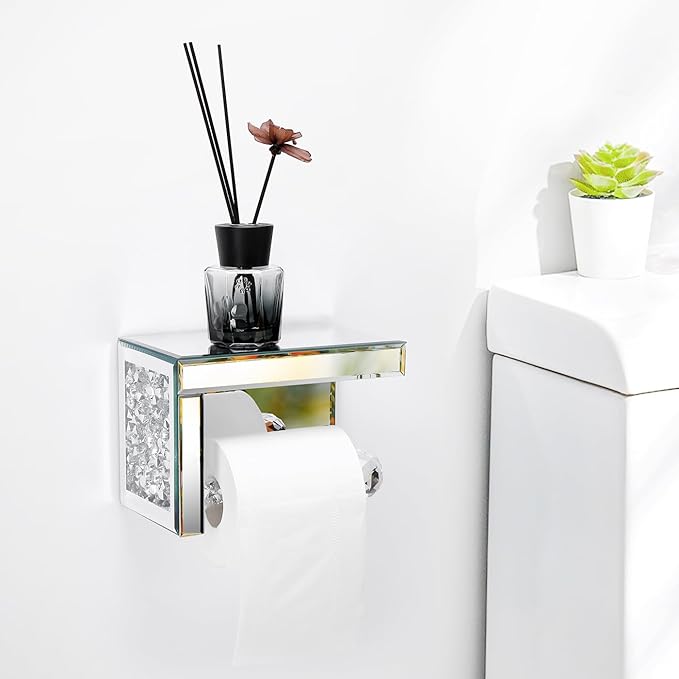 TACIDON Crystal Crush Diamond Toilet Paper Holder with Mirrored Shelf. Silver Modern Toilet Paper Holder Wall Mounted, Glamorous Mirror Toilet Paper Roll Holder for Bathroom Washroom.