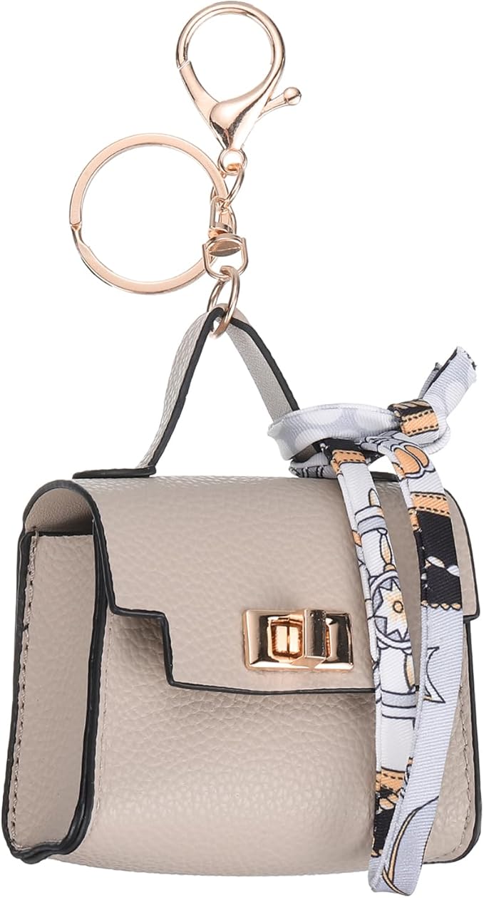 PATIKIL Mini Backpack Keychain, Cute Coin Purse Keychain PU Leather Backpack Purse Key Chain Little Earbud Bag Keychains for Women Mini Card Data Cable Organizer, Beige
