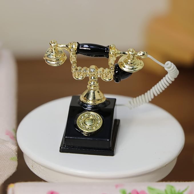 Dollhouse Telephone 1:12 Miniature Vintage Rotary Phone Model Desk Decoration Retro Mini Accessorries for Artificial House Living Room Scene (Black)