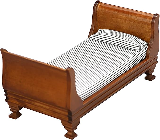 1/12 Dollhouse Bed Miniature Single Bed Vintage Woode Mini Bed for for 6 inch Dolls Dollhouse Bedroom Furniture with Bedding Fabric (Brown)
