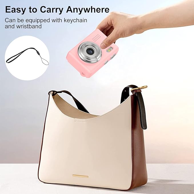 Tangxi Mini Keychain Digital Camera for Students, 1080P 12MP Small Camera Video Recorder, 6 Filters, 0.96 Inch LED Display for Travel Study Recording (Pink)