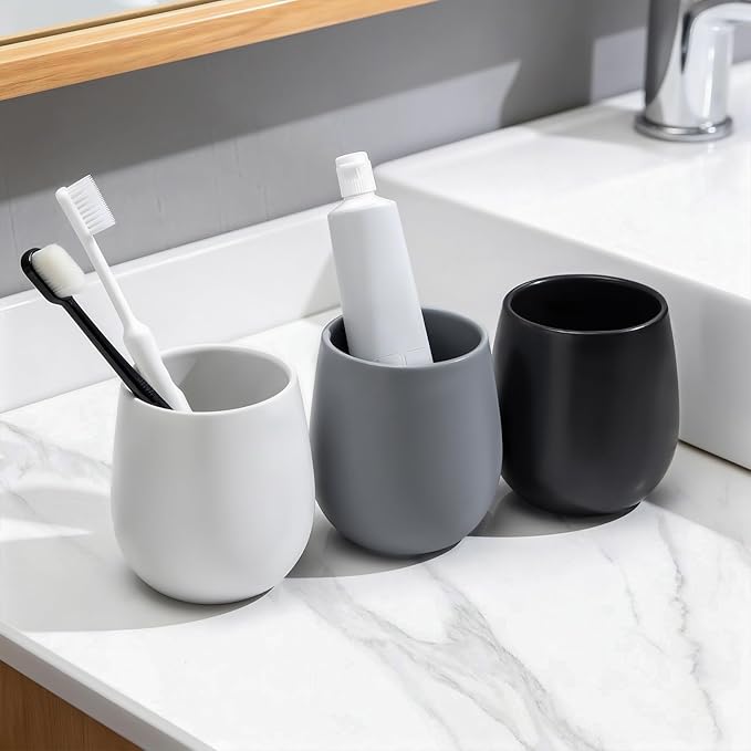 White Ceramic Toothbrush Holder - 11Oz Small Bathroom Tooth Brushing Holders, Reusable Mouthwash Cup, Toothpaste Holder, Makeup Brush Holder, Pen Holder for Bathroom Countertop, 1PC