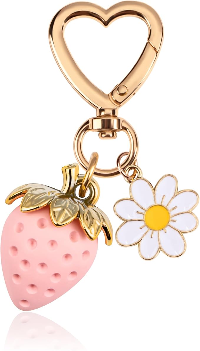 Wikavanli Cute Strawberry Keychain,Bag Charms,Kawaii Heart Flower Daisy Key chains Accessories Decor for Women Girls Purse