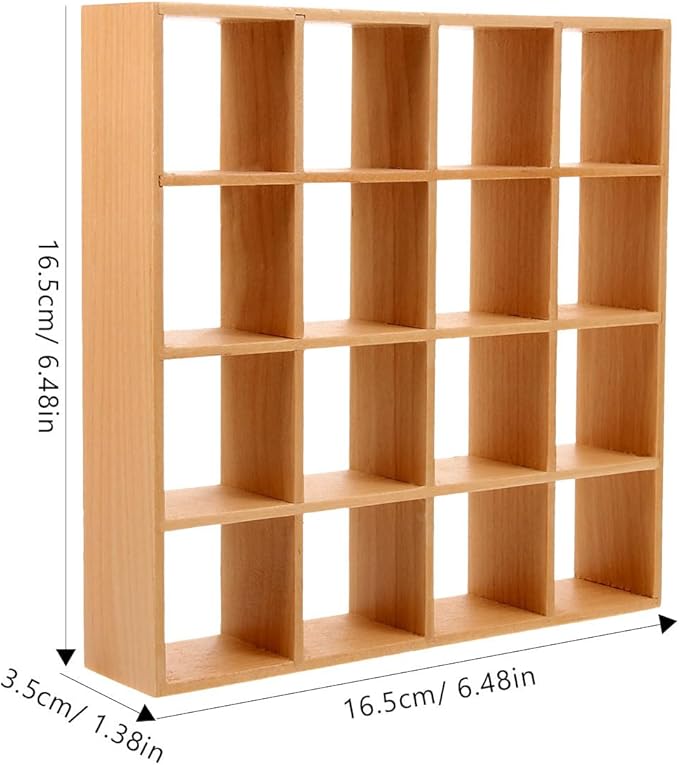 Dollhouse Miniature Wooden Storage Rack 16 Grid Shelves Doll House Wall Rack Bookshelf Display 1/12 Dollhouse Furniture Accessories Miniature Dollhouse Rack (6.69 * 6.69 * 1.38inches)