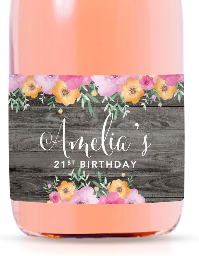 Andaz Press Personalized Mini Champagne Wine Bottle Labels, Amelia's 21st Birthday, Rustic Gray Wood Floral Flowers, 20-Pack, Custom Mini Champagne Favor Gift Stickers Birthday