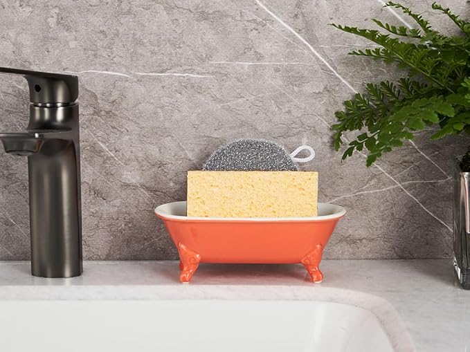 NEWHENGS 6.5" Ceramic Mini Decorative Clawfoot Bathtub Bar Soap Dish, Kitchen Sponge Holder and Shower Tray for Bathroom, 1 Pack(Coral)