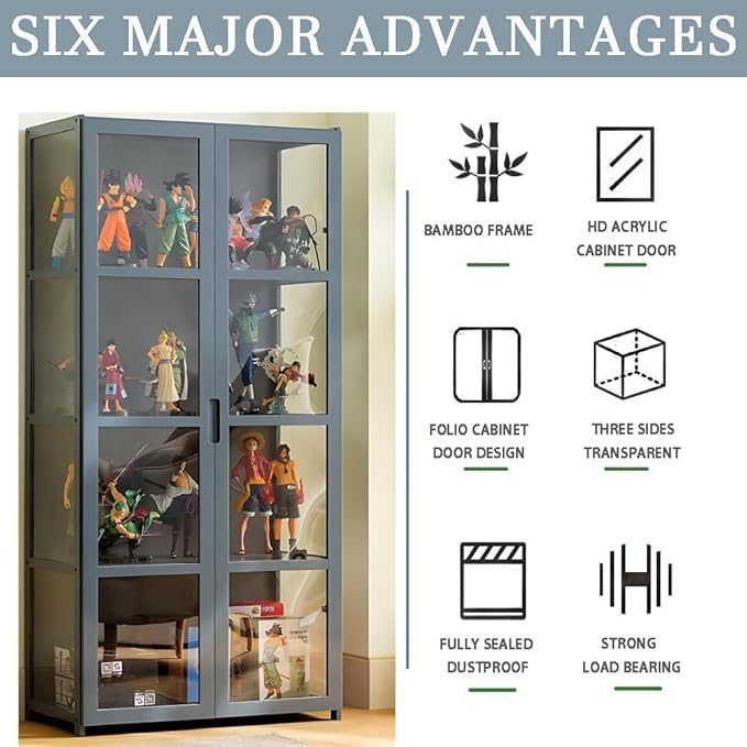 Display Cabinet with Acrylic Doors, 5-Tier Bamboo Curio Display Case for Figures - Display Shelves for Collectibles & Toy Display Cabinet for Home, Office, Playroom, Living Room