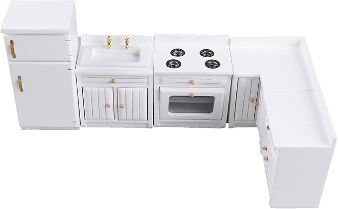 Dollhouse Kitchen Furniture Kit 1:12 Doll House Miniature Suite Wooden Kitchen Cabinet Fridge Set Dining Room for Miniature Dollhouse Furniture Scenes Accessories
