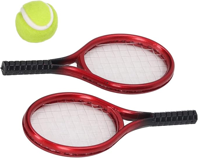 Aqur2020 1:12 Miniature Tennis Racket Set, Bright Colors, Vibrant Decoration, Dollhouse Tennis Racket Ball Set for Role Playing and Photo Prop, Not Easy to Fade or Damage. Plastic Material