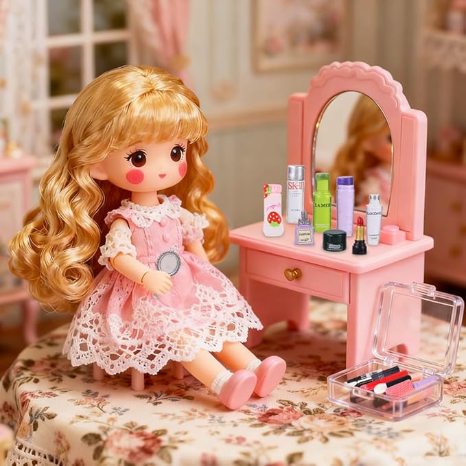 DIYDEC 75Pcs Dollhouse Mini Jewelry Storage Case Miniature Bathroom Accessories Figurines with Makeup Set Towel Cosmetic Toothbrush Shampoo Perfume Hair Dryer Comb Purse Doll Backpack Micro Scene