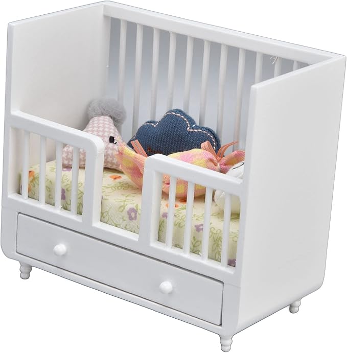1/12 Miniature Wooden Crib & Cradle Bed - Baby Doll Nursery Furniture Accessories - DIY Miniature Dollhouse Bed