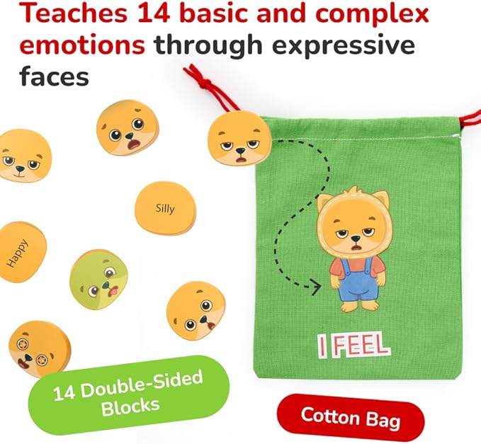 Bimi Boo Emotion Stacking Blocks for Toddlers - Montessori Social-Emotional Learning Toy Set (Set of 14 Wooden Stones)