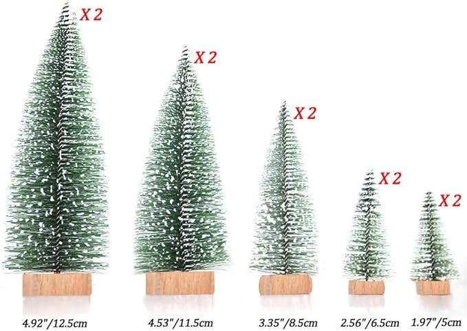 Yahpetes Miniature Christmas Tree 10 Pcs Pine Trees Sisal Trees Snow Frost Ornaments with Wooden Bases for Miniature Scenes, Christmas Crafting and Designing, 5 Size
