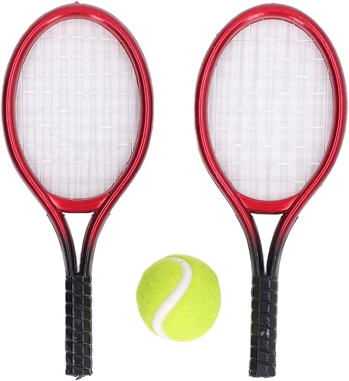 Aqur2020 1:12 Miniature Tennis Racket Set, Bright Colors, Vibrant Decoration, Dollhouse Tennis Racket Ball Set for Role Playing and Photo Prop, Not Easy to Fade or Damage. Plastic Material