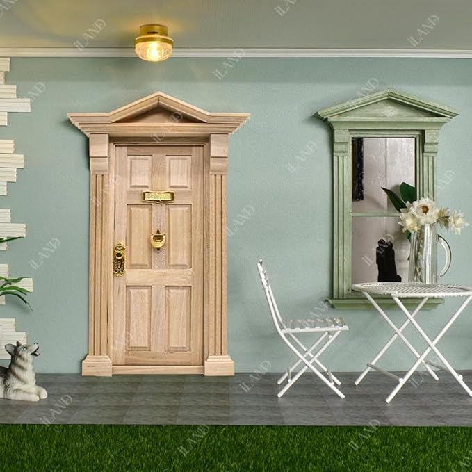 iLAND Classic Wooden Dollhouse Door of 1/12 Scale Accessories, Dollhouse Building Supplies Set of Miniature Door with Trim, Handle & Knocker, Colorable and Realistic for Modern and Antique Doll House