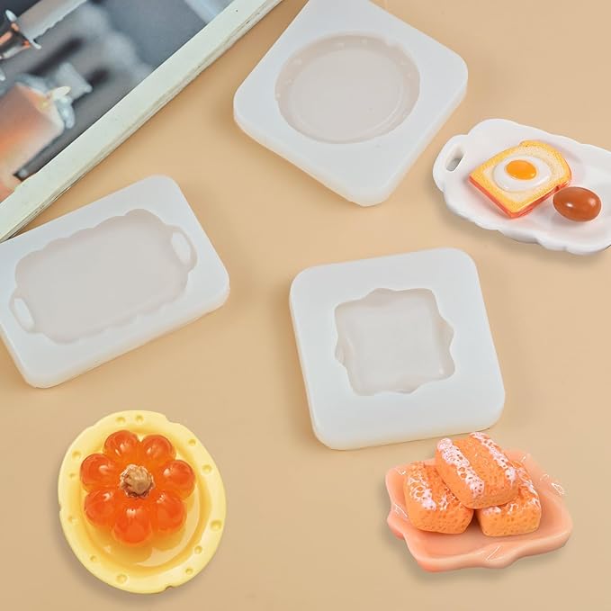 3Pcs Mini Dinner Plate Tray Shape Resin Silicone Molds Tiny Plate Epoxy Casting Molds for DIY Micro Resin Dollhouse Fairy Garden Kitchen Miniatures Landscape Decor