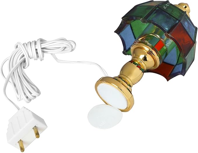 iLAND 1/12 Scale Accessories of Dollhouse Lights, Classic Miniature Lamp for Dollhouse Decoration, Beautiful Mosaic Lattice Table Lamp w/Plug