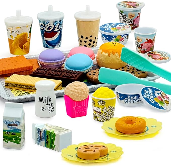 Pretend Play Kitchen Mini Foods Set for Kids Hamburger Fries Noodles Drink with Tray Playset,Play House Kitchen Accessories Role Toys Birthday Gifts for Boys Girls 3 4 5 Yrs (29Pcs Dessert Drinks)