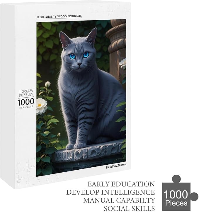 Jigsaw Puzzles for Adults 1000 Piece - Cute Russian Blue Cat Animal Themed Wooden Puzzle,Challenge Puzzles Puzzle Games,Stress Relief Games,Funny Puzzles，Unique Gifts for Wall Art