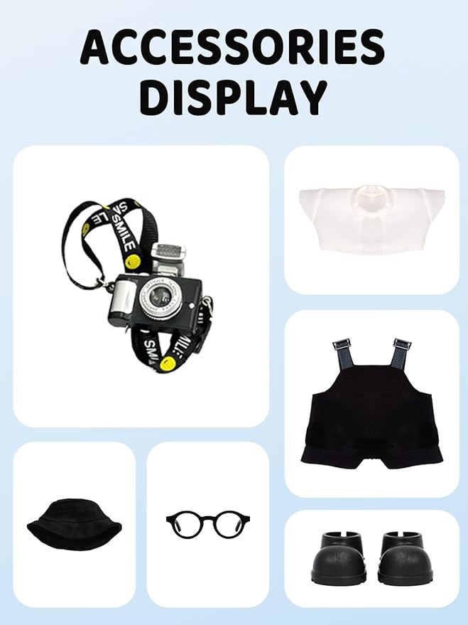17cm Doll Clothes – 6-Piece Set, Hat + Overalls + Shirt + Camera + Glasses + Shoes, Cute and Premium Dolls Outfit Accessories (Black)