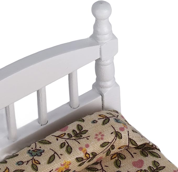 Wooden Dollhouse Bed, New Bedroom Play Set, Complete Miniature Bedroom Furniture Set with Mattress and Pillow, Suitable for Children to Role Play