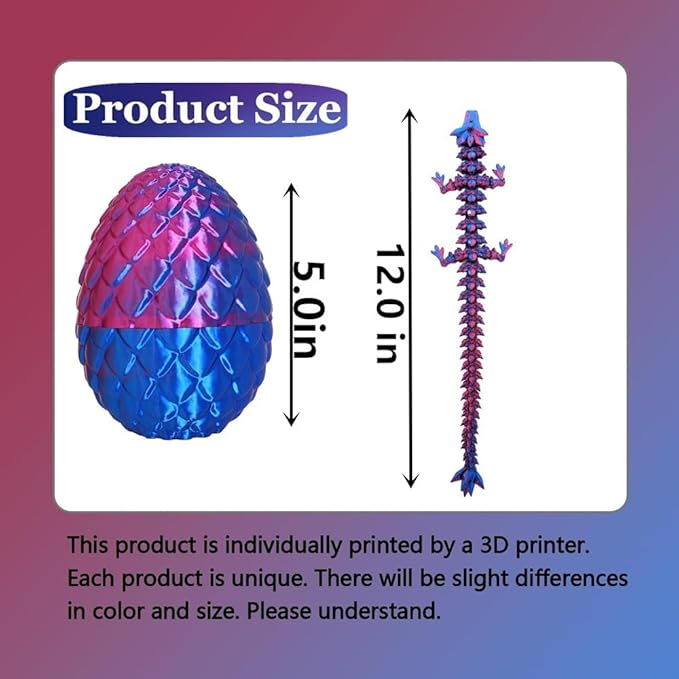 3D Printed Dragon with Dragon Egg,12inch Flexible Dragon Toy with Articulated Dragon Inside Fidget Toys for Autism/ADHD Easter Toys Gifts(PurpleBlue)