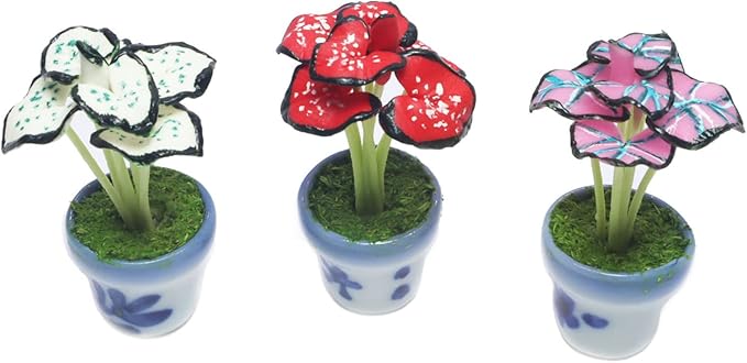 3 Pieces 1:12 Dollhouse Miniature Artificial Flower Plants in Ceramic Pot, Green Star Caladium,Crimson Skye,Pink Gam Dollhouse Accessories for Collectibles and Home Decoration