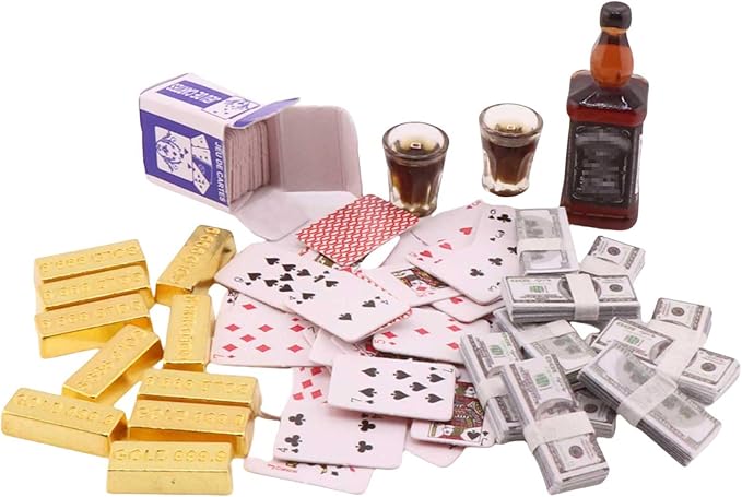 FTYHXP 1 Set 1:12 Scale Miniature Doll Accessories Tiny Money Bills Playing Card Ornament Mini Rifle Mini Gold Bars Model for Doll House,Action Figure Scenc Props,DIY Craft Projects (1 12 A)