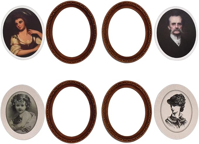 iLAND Miniature Dollhouse Accessories, 4 Dollhouse Picture Frames Set w/Printed Paintings (4 Dark Brass Oval Frames w/ 4 Portraits)