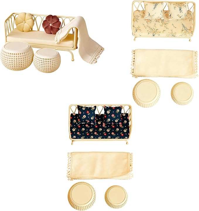 Doll House Sofa Set; Iron Frame Miniature Living Room Furniture; Detachable Washable Fabric Cushions for Creative Room Decoration.
