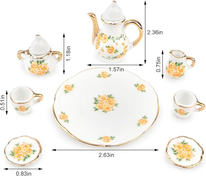 Dollhouse 1:6 Porcelain Tea Cup Sets 8 Pcs Set Miniature Ceramics Dollhouse Accessories Flower Pattern Teapot Platter Dish Sets Dollhouse Kitchen Supplies Decoration (Yellow)