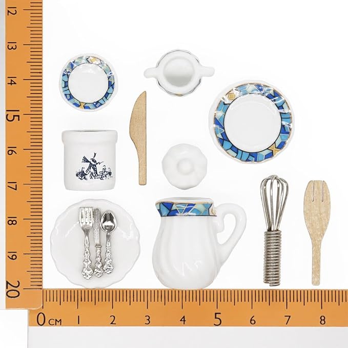 Odoria 1/12 Miniature Porcelain Tea Set Plates and Silverware Kitchen Utensils Dollhouse Accessories, Mediterranean Blue