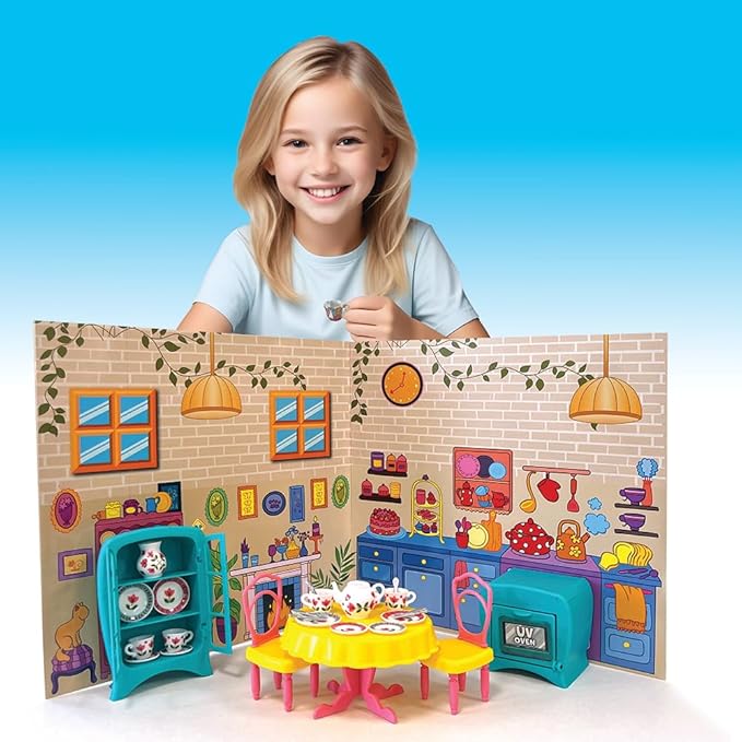 Mini Maker Tea Party Creations – Paint Your Own Tea Set with UV Oven – DIY Ceramic-Like Craft Kit for Girls – Decorate 30 Tableware Pieces, Decals & Glaze – Ages 6+