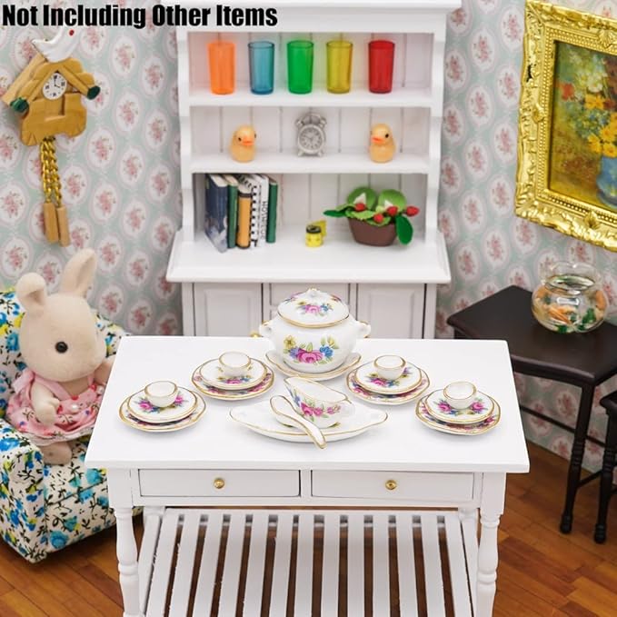 Odoria 1/12 Miniature Dish Dinnerware Set 17Pcs Dollhouse Decoration Accessories, Pink Rose