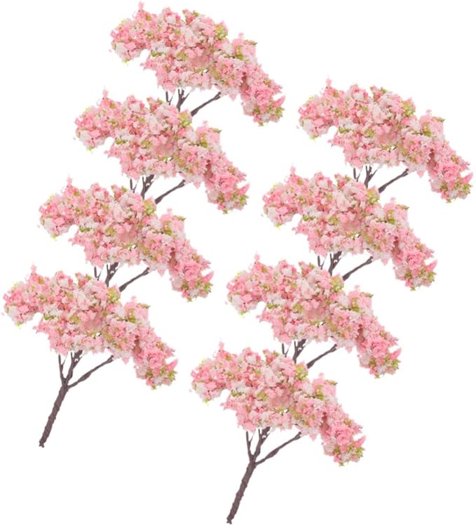 HOMSFOU 8pcs Cherry Blossom Tree Model, Artificial Blossom Cherry Tree Scenery Model Miniature Sand Table Accessories for Train Railway Architecture Diorama Micro Landscape Garden Yard Decor