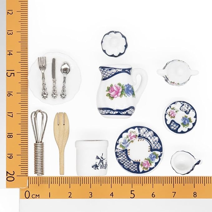 Odoria 1/12 Miniature Porcelain Tea Set Plates and Silverware Kitchen Utensils Dollhouse Accessories, Blue Blossom